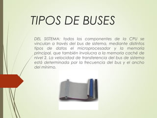 TIPOS DE BUSES
DEL SISTEMA: todos los componentes de la CPU se
vinculan a través del bus de sistema, mediante distintos
tipos de datos el microprocesador y la memoria
principal, que también involucra a la memoria caché de
nivel 2. La velocidad de transferencia del bus de sistema
está determinada por la frecuencia del bus y el ancho
del mínimo.
 