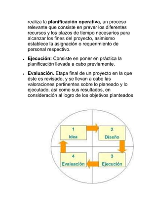 realiza la planificación operativa, un proceso
relevante que consiste en prever los diferentes
recursos y los plazos de tiempo necesarios para
alcanzar los fines del proyecto, asimismo
establece la asignación o requerimiento de
personal respectivo.
Ejecución: Consiste en poner en práctica la
planificación llevada a cabo previamente.
Evaluación. Etapa final de un proyecto en la que
éste es revisado, y se llevan a cabo las
valoraciones pertinentes sobre lo planeado y lo
ejecutado, así como sus resultados, en
consideración al logro de los objetivos planteados
 