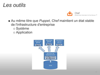 Les outils

   Au même titre que Puppet, Chef maintient un état stable
   de l'infrastructure d'entreprise
       Système
       Application




                                                             17
 