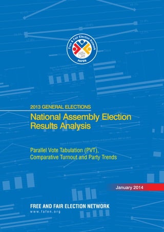 FREE AND FAIR ELECTION NETWORK
w w w . f a f e n . o r g
lecE tir oi naF
Ne
&
tw
e
o
er
rk
F
FA NFE
National Assembly Election
Results Analysis
Parallel Vote Tabulation (PVT),
Comparative Turnout and Party Trends
January 2014
2013 GENERAL ELECTIONS
 