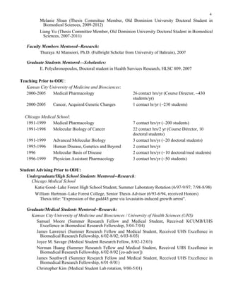 4
Melanie Sloan (Thesis Committee Member, Old Dominion University Doctoral Student in
Biomedical Sciences, 2009-2012)
Liang Yu (Thesis Committee Member, Old Dominion University Doctoral Student in Biomedical
Sciences, 2007-2011)
Faculty Members Mentored--Research:
Thuraya Al Mansoori, Ph.D. (Fulbright Scholar from University of Bahrain), 2007
Graduate Students Mentored—Scholastics:
E. Polychronopoulos, Doctoral student in Health Services Research, HLSC 809, 2007
Teaching Prior to ODU:
Kansas City University of Medicine and Biosciences:
2000-2005 Medical Pharmacology 26 contact hrs/yr (Course Director, ~430
students/yr)
2000-2005 Cancer, Acquired Genetic Changes 1 contact hr/yr (~230 students)
Chicago Medical School:
1991-1999 Medical Pharmacology 7 contact hrs/yr (~200 students)
1991-1998 Molecular Biology of Cancer 22 contact hrs/2 yr (Course Director, 10
doctoral students)
1991-1999 Advanced Molecular Biology 3 contact hrs/yr (~20 doctoral students)
1995-1996 Human Disease, Genetics and Beyond 2 contact hrs/yr
1996 Molecular Basis of Disease 2 contact hrs/yr (~10 doctoral/med students)
1996-1999 Physician Assistant Pharmacology 3 contact hrs/yr (~50 students)
Student Advising Prior to ODU:
Undergraduate/High School Students Mentored--Research:
Chicago Medical School
Katie Good–Lake Forest High School Student, Summer Laboratory Rotation (6/97-9/97; 7/98-8/98)
William Hartman–Lake Forest College, Senior Thesis Advisor (6/93-6/94, received Honors)
Thesis title: "Expression of the gadd45 gene via lovastatin-induced growth arrest".
Graduate/Medical Students Mentored--Research:
Kansas City University of Medicine and Biosciences / University of Health Sciences (UHS)
Samuel Moore (Summer Research Fellow and Medical Student, Received KCUMB/UHS
Excellence in Biomedical Research Fellowship, 5/04-7/04)
James Lawrenzi (Summer Research Fellow and Medical Student, Received UHS Excellence in
Biomedical Research Fellowship, 6/02-8/02; 6/03-8/03)
Joyce M. Savage (Medical Student Research Fellow, 8/02-12/03)
Norman Huang (Summer Research Fellow and Medical Student, Received UHS Excellence in
Biomedical Research Fellowship, 6/02-8/02 [co-advisor])
James Southwell (Summer Research Fellow and Medical Student, Received UHS Excellence in
Biomedical Research Fellowship, 6/01-8/01)
Christopher Kim (Medical Student Lab rotation, 9/00-5/01)
 