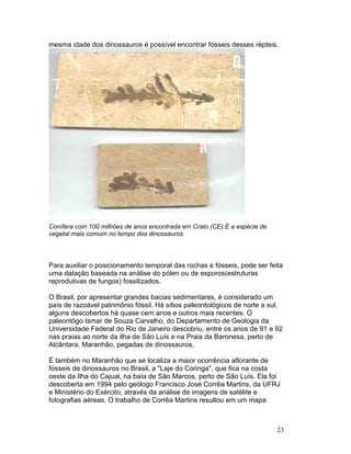 23
mesma idade dos dinossauros é possível encontrar fósseis desses répteis.
Conífera com 100 milhões de anos encontrada em Crato (CE).É a espécie de
vegetal mais comum no tempo dos dinossauros
Para auxiliar o posicionamento temporal das rochas e fósseis, pode ser feita
uma datação baseada na análise do pólen ou de esporos(estruturas
reprodutivas de fungos) fossilizados.
O Brasil, por apresentar grandes bacias sedimentares, é considerado um
país de razoável patrimônio fóssil. Há sítios paleontológicos de norte a sul,
alguns descobertos há quase cem anos e outros mais recentes. O
paleontógo Ismar de Souza Carvalho, do Departamento de Geologia da
Universidade Federal do Rio de Janeiro descobriu, entre os anos de 91 e 92
nas praias ao norte da ilha de São Luís e na Praia da Baronesa, perto de
Alcântara, Maranhão, pegadas de dinossauros.
É também no Maranhão que se localiza a maior ocorrência aflorante de
fósseis de dinossauros no Brasil, a "Laje do Coringa", que fica na costa
oeste da Ilha do Cajual, na baía de São Marcos, perto de São Luís. Ela foi
descoberta em 1994 pelo geólogo Francisco José Corrêa Martins, da UFRJ
e Ministério do Exército, através da análise de imagens de satélite e
fotografias aéreas. O trabalho de Corrêa Martins resultou em um mapa
 