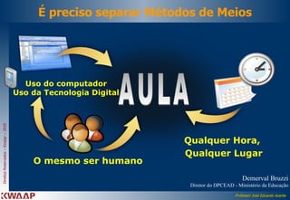 É preciso separar Métodos de Meios Uso do computador Uso da Tecnologia Digital O mesmo ser humano Qualquer Hora,  Qualquer Lugar AULA Demerval Bruzzi Diretor do DPCEAD - Ministério da Educação 