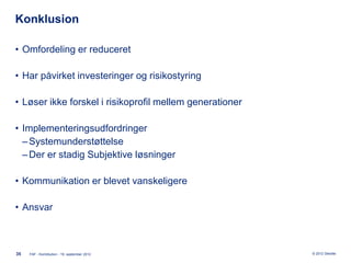 Konklusion

• Omfordeling er reduceret

• Har påvirket investeringer og risikostyring

• Løser ikke forskel i risikoprofil mellem generationer

• Implementeringsudfordringer
  ‒ Systemunderstøttelse
  ‒ Der er stadig Subjektive løsninger

• Kommunikation er blevet vanskeligere

• Ansvar



35   FAF - Kontribution - 19. september 2012              © 2012 Deloitte
 