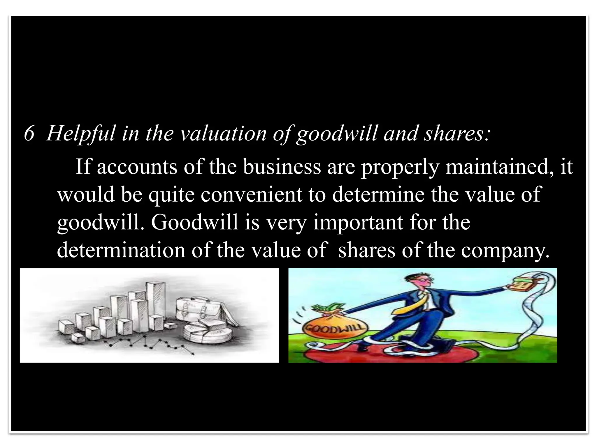 6 Helpful in the valuation of goodwill and shares:
If accounts of the business are properly maintained, it
would be quite convenient to determine the value of
goodwill. Goodwill is very important for the
determination of the value of shares of the company.
 