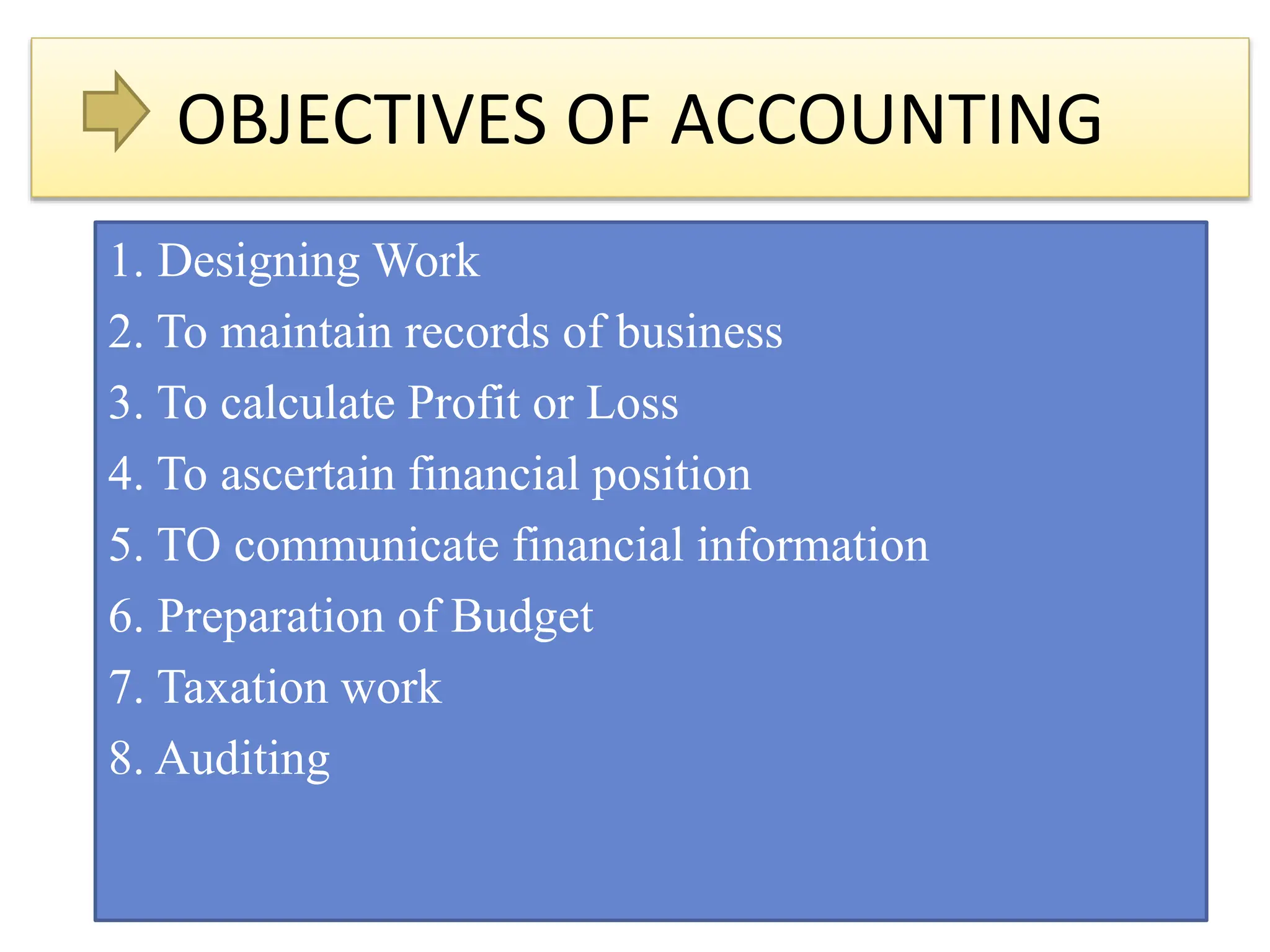 OBJECTIVES OF ACCOUNTING
1. Designing Work
2. To maintain records of business
3. To calculate Profit or Loss
4. To ascertain financial position
5. TO communicate financial information
6. Preparation of Budget
7. Taxation work
8. Auditing
 