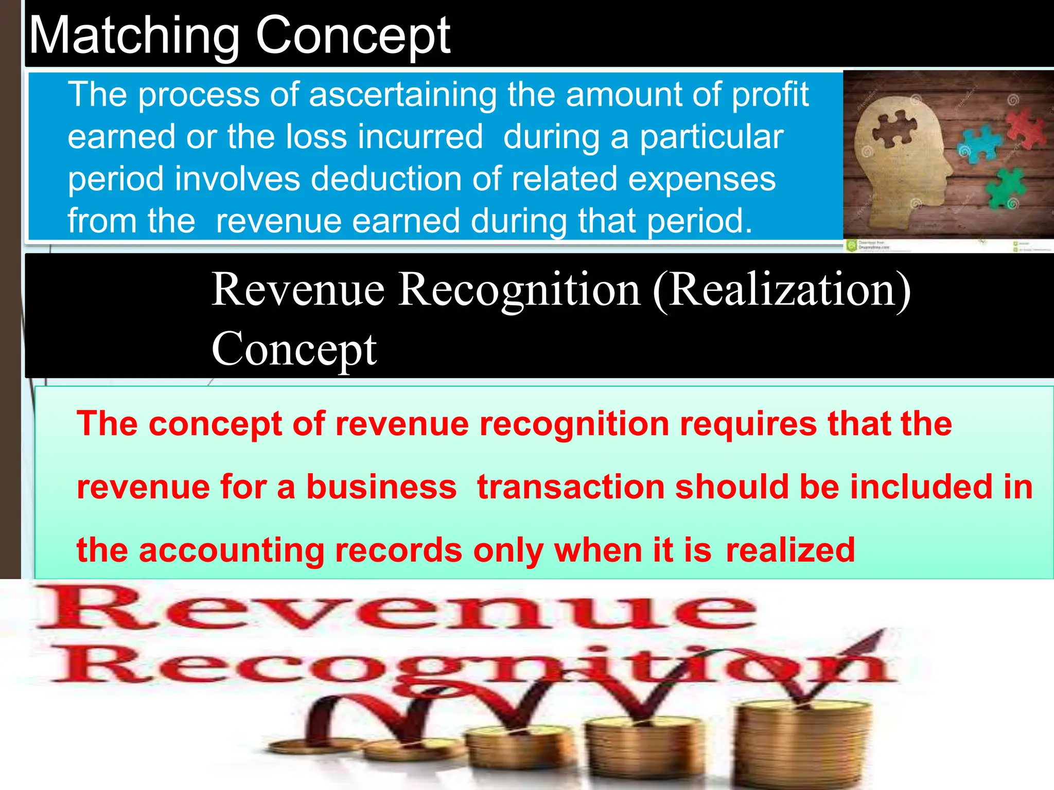 Matching Concept
The process of ascertaining the amount of profit
earned or the loss incurred during a particular
period involves deduction of related expenses
from the revenue earned during that period.
Revenue Recognition (Realization)
Concept
The concept of revenue recognition requires that the
revenue for a business transaction should be included in
the accounting records only when it is realized
 