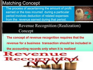 Matching Concept
The process of ascertaining the amount of profit
earned or the loss incurred during a particular
period involves deduction of related expenses
from the revenue earned during that period.
Revenue Recognition (Realization)
Concept
The concept of revenue recognition requires that the
revenue for a business transaction should be included in
the accounting records only when it is realized
 