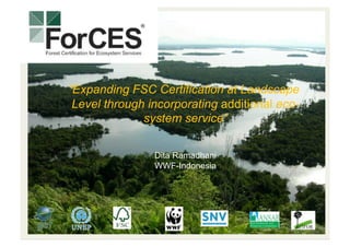©MichelRoggo/WWF-Canon
1
“Expanding FSC Certification at Landscape
Level through incorporating additional eco-
system service”
Dita Ramadhani
WWF-Indonesia
 