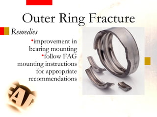 Remedies
Outer Ring Fracture
•improvement in
bearing mounting
•follow FAG
mounting instructions
for appropriate
recommendations
 