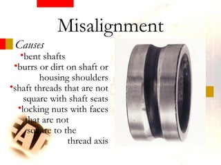 Causes
•bent shaftskjkjjjkj
•burrs or dirt on shaft or
housing shoulders
•shaft threads that are not
square with shaft seats
•locking nuts with faces
that are not
square to the
thread axis
Misalignment
 