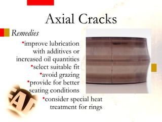 Remedies
•improve lubrication
with additives or
increased oil quantities
•select suitable fit
•avoid grazing
•provide for better
seating conditions
Axial Cracks
•consider special heat
treatment for rings
 