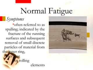Symptoms
•often referred to as
spalling; indicated by the
fracture of the running
surfaces and subsequent
removal of small discrete
particles of material from
the inner ring,
outer ring
or rolling
elements
Normal Fatigue
 
