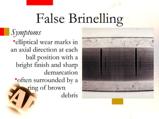 •elliptical wear marks in
an axial direction at each
ball position with a
bright finish and sharp
demarcation
•often surrounded by a
ring of brown
debris
Symptoms
False Brinelling
 