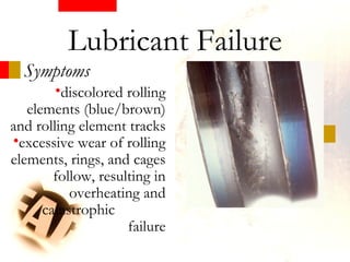 Symptoms
•discolored rolling
elements (blue/brown)
and rolling element tracks
•excessive wear of rolling
elements, rings, and cages
follow, resulting in
overheating and
catastrophic
failure
Lubricant Failure
 