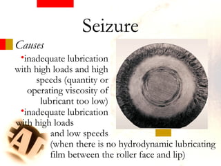 Causes
•inadequate lubrication
with high loads and high
speeds (quantity or
operating viscosity of
lubricant too low)
Seizure
(when there is no hydrodynamic lubricating
film between the roller face and lip)
•inadequate lubrication
with high loads
and low speeds
 