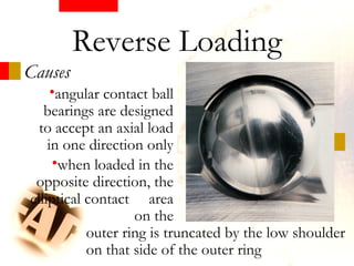 Causes
Reverse Loading
•angular contact ball
bearings are designed
to accept an axial load
in one direction only
outer ring is truncated by the low shoulder
on that side of the outer ring
•when loaded in the
opposite direction, the
elliptical contact area
on the
 