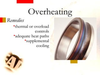 •thermal or overload
controls
•adequate heat paths
•supplemental
cooling
Remedies
Overheating
 