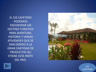 EL EJE CAFETERO
    PODEMOS
  ENCONTRAR UN
DESTINO TURISTICO
 PARA AVENTURA,
HISTORIA Y VARIAS
ATIVIDADES QUE SE
 DAN DEBIDO A LA
GRAN CANTIDAD DE
  PRODUCTOS QU
ETIENE ESTA PARTE
     DEL PAIS.
                       EJE
                    CAFETERO
 