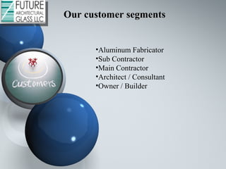 Our customer segmentsOur customer segments
•Aluminum Fabricator
•Sub Contractor
•Main Contractor
•Architect / Consultant
•Owner / Builder
 