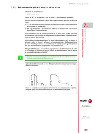 Manual de programação
CNC 8035
FUNÇÕESPREPARATÓRIASADICIONAIS
Fatordeescala(G72).
7.
MODELO ·T·
(SOFT V16.1X)
81
7.6.2 Fator de escala aplicado a um ou vários eixos.
O formato de programação é:
G72 X...C 5.5
Depois de G72 se programará o eixo ou eixos e o fator de escala desejados.
TodososbloquesprogramadosaseguirdeG72serãotratadospeloCNCdoseguinte
modo:
1. O CNC calculará os deslocamentos de todos os eixos em função da trajetória
e compensação programada.
2. Em seguida aplicará o fator de escala indicado ao deslocamento calculado do
eixo ou eixos correspondentes.
Se se seleciona o fator de escala aplicado a um ou vários eixos, o CNC aplicará o
fator de escala indicado tanto ao deslocamento do eixo ou eixos correspondentes,
como ao avanço dos mesmos.
Se no mesmo programa se aplicam as duas modalidades do fator de escala, o
aplicado a todos os eixos e o aplicado a um ou vários eixos, o CNC aplica ao eixo
ou eixos afetados por ambas as modalidades, um fator de escala igual ao produto
dos dois fatores de escala programados para o referido eixo.
A função G72 é modal e será anulada ao programar outro fator de escala de valor
S1, ou também no momento da ligação, depois de executar-se M02, M30 ou depois
de uma EMERGÊNCIA ou RESET.
Quando se realizam simulações sem deslocamento de eixos não se leva em
consideração este tipo de fator de escala.i
Como se pode observar a trajetória da ferramenta não coincide com a trajetória
desejada, porque se aplica fator de escala ao deslocamento calculado.
Aplicação do fator de escala ao eixo Z do plano, trabalhando com compensação
radial da ferramenta.
 