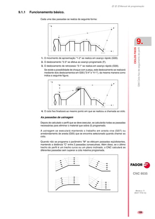 Manual de programação
CNC 8035
CICLOSFIXOS
G66Ciclofixodeseguimentodeperfil
9.
MODELO ·T·
(SOFT V16.1X)
109
9.1.1 Funcionamento básico.
Cada uma das passadas se realiza da seguinte forma:
1. O movimento de aproximação "1-2" se realiza em avanço rápido (G00).
2. O deslocamento "2-3" se efetua ao avanço programado (F).
3. O deslocamento de retrocesso "3-1" se realiza em avanço rápido (G00).
Se existe a possibilidade de choque com a peça, este deslocamento se realizará
mediante dois deslocamentos em G00 ("3-4" e "4-1"), da mesma maneira como
indica a seguinte figura.
4. O ciclo fixo finalizará ao mesmo ponto em que se realizou a chamada ao ciclo.
As passadas de usinagem
Depois de calculado o perfil que se deve executar, se calcularão todas as passadas
necessárias para eliminar o material que sobra (I) programado.
A usinagem se executará mantendo o trabalho em aresta viva (G07) ou
arredondamento de aresta (G05) que se encontra selecionado quando chamar ao
ciclo.
Quando não se programa o parâmetro "M" se efetuam passadas eqüidistantes,
mantendo a distância "C" entre 2 passadas consecutivas. Além disso, se o último
trecho do perfil é um trecho curvo ou um plano inclinado, o CNC calculará as
diferentes passadas sem superar a cota máxima programada.
 