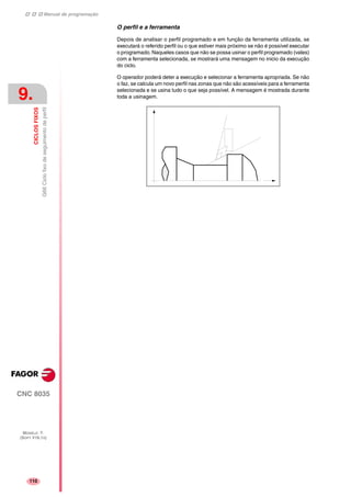 Manual de programação
CNC 8035
9.
CICLOSFIXOS
G66Ciclofixodeseguimentodeperfil
MODELO ·T·
(SOFT V16.1X)
110
O perfil e a ferramenta
Depois de analisar o perfil programado e em função da ferramenta utilizada, se
executará o referido perfil ou o que estiver mais próximo se não é possível executar
o programado. Naqueles casos que não se possa usinar o perfil programado (vales)
com a ferramenta selecionada, se mostrará uma mensagem no inicio da execução
do ciclo.
O operador poderá deter a execução e selecionar a ferramenta apropriada. Se não
o faz, se calcula um novo perfil nas zonas que não são acessíveis para a ferramenta
selecionada e se usina tudo o que seja possível. A mensagem é mostrada durante
toda a usinagem.
 