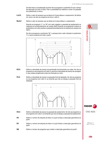 Manual de programação
CNC 8035
CICLOSFIXOS
G68CiclofixodedesbastenoeixoX
9.
MODELO ·T·
(SOFT V16.1X)
113
Se deve levar e consideração quando não se programa o parâmetro D que o tempo
de execução do ciclo é maior, mas a quantidade de material a comer na passada
de acabamento é menor.
L±5.5 Define o valor do excesso que se deixa em X para efetuar o acabamento. Se define
em raios e se não se programa se toma o valor 0.
M±5.5 Define o valor do excesso que se deixa em Z para efetuar o acabamento.
Quando se programa "L" ou "M" com valor negativo a passada de acabamento se
realizará em arredondamento de aresta (G05) Quando se programam ambos os
parâmetros com valor positivo a passada de acabamento se realizará em aresta viva
(G07).
Se não se programa o parâmetro "M", o excesso terá o valor indicado no parâmetro
"L" e será constante em todo o perfil.
K5.5 Define a velocidade de avanço de penetração da ferramenta nos vales. Se não se
programa ou se programa com valor 0, assume a velocidade de avanço da usinagem
(o que estava programado antes da chamada ao ciclo).
F5.5 Define a velocidade de avanço na passada final de desbaste. Se não se programa
ou se programa com valor 0, se entende que não se deseja a passada final de
desbaste.
H5.5 Define a velocidade de avanço na passada de acabamento. Se não se programa ou
se programa com valor 0, se entende que não se deseja a passada de acabamento.
S4 Define o número de etiqueta do bloco no qual começa a descrição geométrica do
perfil.
E4 Define o número de etiqueta do bloco no qual finaliza a descrição geométrica do
perfil.
Q6 Define o número de programa que contém a descrição geométrica do perfil.
 