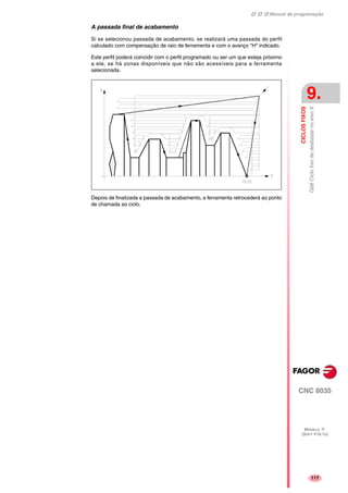 Manual de programação
CNC 8035
CICLOSFIXOS
G68CiclofixodedesbastenoeixoX
9.
MODELO ·T·
(SOFT V16.1X)
117
A passada final de acabamento
Si se selecionou passada de acabamento, se realizará uma passada do perfil
calculado com compensação de raio de ferramenta e com o avanço "H" indicado.
Este perfil poderá coincidir com o perfil programado ou ser um que esteja próximo
a ele, se há zonas disponíveis que não são acessíveis para a ferramenta
selecionada.
Depois de finalizada a passada de acabamento, a ferramenta retrocederá ao ponto
de chamada ao ciclo.
 