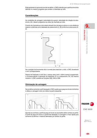 Manual de programação
CNC 8035
CICLOSFIXOS
G69CiclofixodedesbastenoeixoZ
9.
MODELO ·T·
(SOFT V16.1X)
121
Este parâmetro é opcional e se não se define, o CNC entende que o perfil se encontra
definido no mesmo programa que contém a chamada ao ciclo.
Considerações
As condições de usinagem (velocidade de avanço, velocidade de rotação do eixo-
árvore, etc.) devem programar-se antes da chamada ao ciclo.
O ponto de chamada ao ciclo estará situado fora da peça a usinar e a uma distância
superior à definida como desbaste de acabamento (L, M) conforme os dois eixos (X,
Z).
Se a posição da ferramenta não é correta para executar o ciclo, o CNC visualizará
o erro correspondente.
Depois de finalizado o ciclo fixo o avanço ativo será o último avanço programado,
o correspondente à operação de desbaste (F) ou acabamento (H). Da mesma
maneira, o CNC aceitará as funções G00, G40 e G96.
Otimização da usinagem
Se se define somente o perfil desejado o CNC supõe que a peça em bruto é cilíndrica
e efetua a usinagem como se indica na parte esquerda.
Quando se conhece o perfil da peça em bruto se aconselha definir ambos os perfis:
O perfil da peça em bruto e o perfil final desejado. A usinagem é mais rápida pois
somente se elimina o material delimitado por ambos os perfis.
 