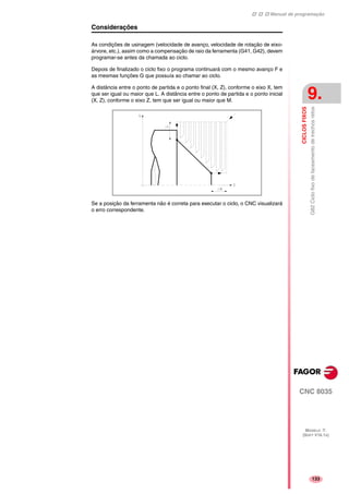 Manual de programação
CNC 8035
CICLOSFIXOS
G82Ciclofixodefaceamentodetrechosretos
9.
MODELO ·T·
(SOFT V16.1X)
133
Considerações
As condições de usinagem (velocidade de avanço, velocidade de rotação de eixo-
árvore, etc.), assim como a compensação de raio da ferramenta (G41, G42), devem
programar-se antes da chamada ao ciclo.
Depois de finalizado o ciclo fixo o programa continuará com o mesmo avanço F e
as mesmas funções G que possuía ao chamar ao ciclo.
A distância entre o ponto de partida e o ponto final (X, Z), conforme o eixo X, tem
que ser igual ou maior que L. A distância entre o ponto de partida e o ponto inicial
(X, Z), conforme o eixo Z, tem que ser igual ou maior que M.
Se a posição da ferramenta não é correta para executar o ciclo, o CNC visualizará
o erro correspondente.
 