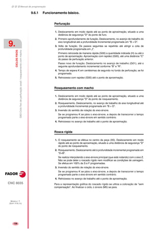 Manual de programação
CNC 8035
9.
CICLOSFIXOS
G83Ciclofixodeperfuraçãoaxial/rosqueamentocommacho
MODELO ·T·
(SOFT V16.1X)
136
9.6.1 Funcionamento básico.
Perfuração
1. Deslocamento em modo rápido até ao ponto de aproximação, situado a uma
distância de segurança "D" do ponto de furo.
2. Primeiro aprofundamento de furação. Deslocamento, no avanço de trabalho do
eixo longitudinal até a profundidade Incremental programada em "B + D".
3. Volta de furação. Os passos seguintes se repetirão até atingir a cota de
profundidade programada em „I“.
Primeiro retrocede de maneira rápida (G00) a quantidade indicada (H) ou até o
ponto de aproximação. Aproximação com rapidez (G00), até uma distância "C"
do passo de perfuração anterior.
Passo novo de furação. Deslocamento no avanço de trabalho (G01), até o
seguinte aprofundamento incremental conforme "B" e "R".
4. Tempo de espera K em centésimas de segundo no fundo de perfuração, se foi
programado.
5. Retrocesso com rapidez (G00) até o ponto de aproximação.
Rosqueamento com macho
1. Deslocamento em modo rápido até ao ponto de aproximação, situado a uma
distância de segurança "D" do ponto de rosqueamento.
2. Rosqueamento. Deslocamento, no avanço de trabalho do eixo longitudinal até
a profundidade Incremental programada em "B + D".
3. Inversão do sentido de rotação do eixo-árvore.
Se se programou K se pára o eixo-árvore, e depois de transcorrer o tempo
programado parte o eixo-árvore em sentido contrário.
4. Retrocesso no avanço de trabalho até o ponto de aproximação.
Rosca rígida
1. O rosqueamento se efetua no centro da peça (X0). Deslocamento em modo
rápido até ao ponto de aproximação, situado a uma distância de segurança "D"
do ponto de rosqueamento.
2. Rosqueamento. Deslocamento até à profundidade incremental programada em
"D+B".
Se realiza interpolando o eixo-árvore principal (que está rodando) com o eixo Z.
Não se pode deter o roscado rígido nem modificar as condições de usinagem.
Se efetua em 100% da S e F programadas.
3. Inversão do sentido de rotação do eixo-árvore.
Se se programou K se pára o eixo-árvore, e depois de transcorrer o tempo
programado parte o eixo-árvore em sentido contrário.
4. Retrocesso no avanço de trabalho até o ponto de aproximação.
Para a representação gráfica do roscado rígido se utiliza a coloração de "sem
compensação". Ao finalizar o ciclo, o árvore (M5) se para.
 