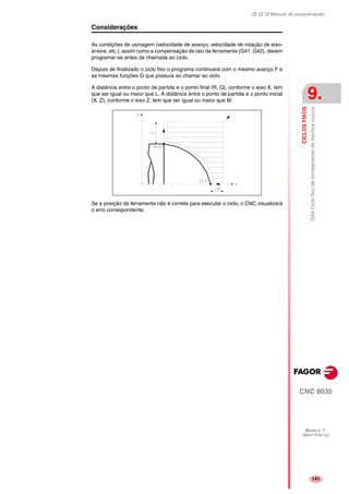 Manual de programação
CNC 8035
CICLOSFIXOS
G84Ciclofixodetorneamentodetrechoscurvos
9.
MODELO ·T·
(SOFT V16.1X)
141
Considerações
As condições de usinagem (velocidade de avanço, velocidade de rotação de eixo-
árvore, etc.), assim como a compensação de raio da ferramenta (G41, G42), devem
programar-se antes da chamada ao ciclo.
Depois de finalizado o ciclo fixo o programa continuará com o mesmo avanço F e
as mesmas funções G que possuía ao chamar ao ciclo.
A distância entre o ponto de partida e o ponto final (R, Q), conforme o eixo X, tem
que ser igual ou maior que L. A distância entre o ponto de partida e o ponto inicial
(X, Z), conforme o eixo Z, tem que ser igual ou maior que M.
Se a posição da ferramenta não é correta para executar o ciclo, o CNC visualizará
o erro correspondente.
 