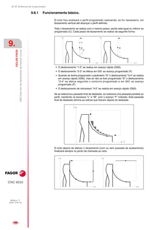 Manual de programação
CNC 8035
9.
CICLOSFIXOS
G85Ciclofixodefaceamentodetrechoscurvos
MODELO ·T·
(SOFT V16.1X)
144
9.8.1 Funcionamento básico.
O ciclo fixo analisará o perfil programado realizando, se for necessário, um
faceamento vertical até alcançar o perfil definido.
Todo o faceamento se realiza com o mesmo passo, sendo este igual ou inferior ao
programado (C). Cada passo de faceamento se realiza da seguinte forma:
• O deslocamento "1-2" se realiza em avanço rápido (G00).
• O deslocamento "2-3" se efetua em G01 ao avanço programado (F).
• Quando se tenha programado o parâmetro "D" o deslocamento "3-4" se realiza
em avanço rápido (G00), mas se não se tiver programado "D" o deslocamento
"3-4" se efetua seguindo o contorno programado e em G01 ao avanço
programado (F).
• O deslocamento de retrocesso "4-5" se realiza em avanço rápido (G00).
Se se selecionou passada final de desbaste, se realizará uma passada paralela ao
perfil, mantendo os excessos "L" e "M", com o avanço "F" indicado. Esta passada
final de desbaste elimina as sobras que ficaram depois do desbaste.
O ciclo depois de efetuar o faceamento (com ou sem passada de acabamento)
finalizará sempre no ponto de chamada ao ciclo.
 