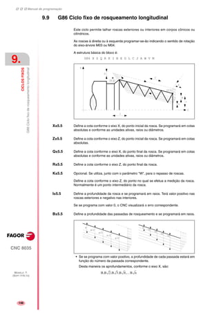 Manual de programação
CNC 8035
9.
CICLOSFIXOS
G86Ciclofixoderosqueamentolongitudinal
MODELO ·T·
(SOFT V16.1X)
146
9.9 G86 Ciclo fixo de rosqueamento longitudinal
Este ciclo permite talhar roscas exteriores ou interiores em corpos cônicos ou
cilíndricos.
As roscas à direita ou à esquerda programar-se-ão indicando o sentido de rotação
do eixo-árvore M03 ou M04.
A estrutura básica do bloco é:
G86 X Z Q R K I B E D L C J A W V M
X±5.5 Define a cota conforme o eixo X, do ponto inicial da rosca. Se programará em cotas
absolutas e conforme as unidades ativas, raios ou diâmetros.
Z±5.5 Define a cota conforme o eixo Z, do ponto inicial da rosca. Se programará em cotas
absolutas.
Q±5.5 Define a cota conforme o eixo X, do ponto final da rosca. Se programará em cotas
absolutas e conforme as unidades ativas, raios ou diâmetros.
R±5.5 Define a cota conforme o eixo Z, do ponto final da rosca.
K±5.5 Opcional. Se utiliza, junto com o parâmetro "W", para o repasso de roscas.
Define a cota conforme o eixo Z, do ponto no qual se efetua a medição da rosca.
Normalmente é um ponto intermediário da rosca.
I±5.5 Define a profundidade da rosca e se programará em raios. Terá valor positivo nas
roscas exteriores e negativo nas interiores.
Se se programa com valor 0, o CNC visualizará o erro correspondente.
B±5.5 Define a profundidade das passadas de rosqueamento e se programará em raios.
• Se se programa com valor positivo, a profundidade de cada passada estará em
função do número da passada correspondente.
Desta maneira os aprofundamentos, conforme o eixo X, são:
B B 2 B 3 B 4 …B n,,,,
 