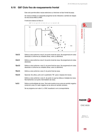 Manual de programação
CNC 8035
CICLOSFIXOS
G87Ciclofixoderosqueamentofrontal
9.
MODELO ·T·
(SOFT V16.1X)
151
9.10 G87 Ciclo fixo de rosqueamento frontal
Este ciclo permite talhar roscas exteriores ou interiores na face frontal da peça.
As roscas à direita ou à esquerda programar-se-ão indicando o sentido de rotação
do eixo-árvore M03 ou M04.
A estrutura básica do bloco é:
G87 X Z Q R K I B E D L C J A W V M
X±5.5 Define a cota conforme o eixo X, do ponto inicial da rosca. Se programará em cotas
absolutas e conforme as unidades ativas, raios ou diâmetros.
Z±5.5 Define a cota conforme o eixo Z, do ponto inicial da rosca. Se programará em cotas
absolutas.
Q±5.5 Define a cota conforme o eixo X, do ponto final da rosca. Se programará em cotas
absolutas e conforme as unidades ativas, raios ou diâmetros.
R±5.5 Define a cota conforme o eixo Z, do ponto final da rosca.
K±5.5 Opcional. Se utiliza, junto com o parâmetro "W", para o repasso de roscas.
Define a cota conforme o eixo X, do ponto no qual se efetua a medição da rosca.
Normalmente é um ponto intermediário da rosca.
I±5.5 Define a profundidade da rosca. Terá valor positivo se se usina em sentido negativo
conforme o eixo Z e valor negativo se se usina em sentido contrário.
Se se programa com valor 0, o CNC visualizará o erro correspondente.
 