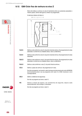 Manual de programação
CNC 8035
9.
CICLOSFIXOS
G89CiclofixoderanhuranoeixoZ
MODELO ·T·
(SOFT V16.1X)
158
9.12 G89 Ciclo fixo de ranhura no eixo Z
Este ciclo efetua a ranhura no eixo Z mantendo entre as sucessivas passadas o
mesmo passo, sendo este igual ou inferior ao programado.
A estrutura básica do bloco é:
G89 X Z Q R C D K
X±5.5 Define a cota conforme o eixo X, do ponto inicial da ranhura. Se programará em cotas
absolutas e conforme as unidades ativas, raios ou diâmetros.
Z±5.5 Define a cota conforme o eixo Z, do ponto inicial da ranhura. Se programará em cotas
absolutas.
Q±5.5 Define a cota conforme o eixo X, do ponto final da ranhura. Se programará em cotas
absolutas e conforme as unidades ativas, raios ou diâmetros.
R±5.5 Define a cota conforme o eixo Z, do ponto final da ranhura.
C5.5 Define o passo de ranhura. Se programará em raios.
Se não se programa, se tomará o valor da largura da ferramenta de corte (NOSEW)
da ferramenta ativa e se se programa com valor 0 o CNC mostrará o erro
correspondente.
D5.5 Define a distância de segurança.
Se não se programa se toma o valor 0.
K5 Define o tempo de espera, em centésimos de segundo, depois cada
aprofundamento, até começar o retrocesso.
Se não se programa se toma o valor 0.
 