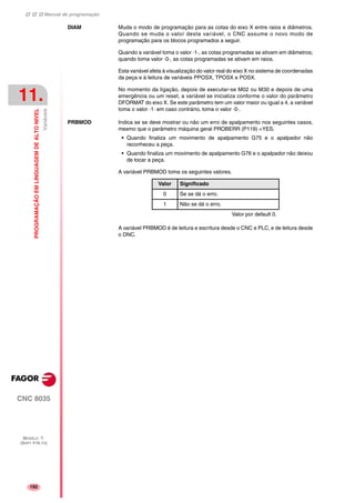 Manual de programação
CNC 8035
11.
PROGRAMAÇÃOEMLINGUAGEMDEALTONIVEL
Variáveis
MODELO ·T·
(SOFT V16.1X)
192
DIAM Muda o modo de programação para as cotas do eixo X entre raios e diâmetros.
Quando se muda o valor desta variável, o CNC assume o novo modo de
programação para os blocos programados a seguir.
Quando a variável toma o valor ·1·, as cotas programadas se ativam em diâmetros;
quando toma valor ·0·, as cotas programadas se ativam em raios.
Esta variável afeta à visualização do valor real do eixo X no sistema de coordenadas
da peça e à leitura de variáveis PPOSX, TPOSX e POSX.
No momento da ligação, depois de executar-se M02 ou M30 e depois de uma
emergência ou um reset, a variável se inicializa conforme o valor do parâmetro
DFORMAT do eixo X. Se este parâmetro tem um valor maior ou igual a 4, a variável
toma o valor ·1· em caso contrário, toma o valor ·0·.
PRBMOD Indica se se deve mostrar ou não um erro de apalpamento nos seguintes casos,
mesmo que o parâmetro máquina geral PROBERR (P119) =YES.
• Quando finaliza um movimento de apalpamento G75 e o apalpador não
reconheceu a peça.
• Quando finaliza um movimento de apalpamento G76 e o apalpador não deixou
de tocar a peça.
A variável PRBMOD toma os seguintes valores.
A variável PRBMOD é de leitura e escritura desde o CNC e PLC, e de leitura desde
o DNC.
Valor Significado
0 Se se dá o erro.
1 Não se dá o erro.
Valor por default 0.
 