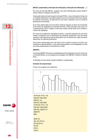 Manual de programação
CNC 8035
12.
INSTRUÇÕESDECONTROLEDOSPROGRAMAS
Instruçõesdesub-rotinas.
MODELO ·T·
(SOFT V16.1X)
206
(MCALL (expressão), (instrução de atribuição), (instrução de atribuição), ... )
Por meio da instrução MCALL, qualquer sub-rotina definida pelo usuário (SUB nº
inteiro) adquire a categoria de ciclo fixo.
A execução desta instrução é igual à instrução PCALL, mas a chamada é modal, isto
é, se depois deste bloco, se programa algum outro com movimento dos eixos, depois
do referido movimento, se executará a sub-rotina indicada e com os mesmos
parâmetros de chamada.
Si ao estar selecionada uma sub-rotina modal se executa um bloco de movimento
com número de repetições, por exemplo X10 N3, o CNC executará uma única vez
o deslocamento (X10), e depois a sub-rotina modal, tantas vezes como indique o
número de repetições.
Em caso de se selecionar repetições de bloco, a primeira execução da sub-rotina
modal, se realizará com os parâmetros de chamada atualizados, mas não desta
maneira o resto das vezes, pois se executarão com os valores que nesse momento
disponham os referidos parâmetros.
Se ao estar selecionada uma sub-rotina como modal se executa um bloco que
contenha a instrução MCALL, a sub-rotina atual perderá a sua modalidade e a nova
sub-rotina selecionada se converterá em modal.
(MDOFF)
AinstruçãoMDOFFindicaqueamodalidadequetinhaadquiridoumasub-rotinacom
a instrução MCALL ou um programa de usinagem com MEXEC, finaliza no referido
bloco.
A utilização de sub-rotinas modais simplifica a programação.
Exemplo de programação.
O eixo X se programa em diâmetros.
(P100=20, P101=-10)
G90 G01 X80 Z330
(MCALL 10)
G90 G01 X80 Z260
(P100=30, P101=-15)
G90 G01 X200 Z200
G90 G01 X200 Z115
(MDOFF)
M30
(SUB 10)
G91 G01 ZP101
XP100 ZP101
XP100
ZP101
( RET )
 