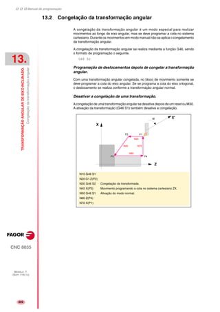 Manual de programação
CNC 8035
13.
TRANSFORMAÇÃOANGULARDEEIXOINCLINADO.
Congelaçãodatransformaçãoangular
MODELO ·T·
(SOFT V16.1X)
222
13.2 Congelação da transformação angular
A congelação da transformação angular é um modo especial para realizar
movimentos ao longo do eixo angular, mas se deve programar a cota no sistema
cartesiano. Durante os movimentos em modo manual não se aplica o congelamento
da transformação angular.
A congelação da transformação angular se realiza mediante a função G46, sendo
o formato de programação o seguinte.
G46 S2
Programação de deslocamentos depois de congelar a transformação
angular.
Com uma transformação angular congelada, no bloco de movimento somente se
deve programar a cota do eixo angular. Se se programa a cota do eixo ortogonal,
o deslocamento se realiza conforme a transformação angular normal.
Desativar a congelação de uma transformação.
Acongelação de uma transformação angularse desativa depois de umreset ou M30.
A ativação da transformação (G46 S1) também desativa a congelação.
N10 G46 S1
N20 G1 Z(P2)
N30 G46 S2 Congelação da transformada.
N40 X(P3) Movimento programando a cota no sistema cartesiano ZX.
N50 G46 S1 Ativação do modo normal.
N60 Z(P4)
N70 X(P1)
Z
X
P1P2
P3 P4
N40
N60
N20
N70
X'α
 
