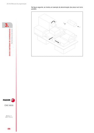 Manual de programação
CNC 8035
3.
EIXOSESISTEMASDECOORDENADAS
Nomenclaturadoseixos
MODELO ·T·
(SOFT V16.1X)
10
Na figura seguinte, se mostra um exemplo da denominação dos eixos num torno
paralelo.
 