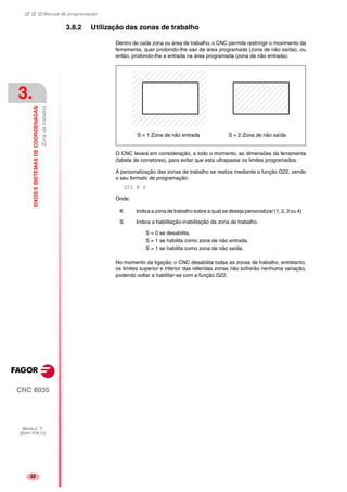 Manual de programação
CNC 8035
3.
EIXOSESISTEMASDECOORDENADAS
Zonadetrabalho
MODELO ·T·
(SOFT V16.1X)
22
3.8.2 Utilização das zonas de trabalho
Dentro de cada zona ou área de trabalho, o CNC permite restringir o movimento da
ferramenta, quer proibindo-lhe sair da área programada (zona de não saída), ou
então, proibindo-lhe a entrada na área programada (zona de não entrada).
O CNC levará em consideração, a todo o momento, as dimensões da ferramenta
(tabela de corretores), para evitar que esta ultrapasse os limites programados.
A personalização das zonas de trabalho se realiza mediante a função G22, sendo
o seu formato de programação:
G22 K S
Onde:
No momento da ligação, o CNC desabilita todas as zonas de trabalho, entretanto,
os limites superior e inferior das referidas zonas não sofrerão nenhuma variação,
podendo voltar a habilitar-se com a função G22.
K Indica a zona de trabalho sobre a qual se deseja personalizar (1, 2, 3 ou 4)
S Indica a habilitação-inabilitação da zona de trabalho.
S = 0 se desabilita.
S = 1 se habilita como zona de não entrada.
S = 1 se habilita como zona de não saída.
S = 1 Zona de não entrada S = 2 Zona de não saída
 