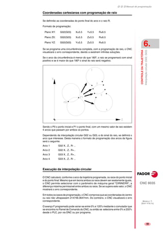 Manual de programação
CNC 8035
CONTROLEDATRAJETÓRIA
Interpolaçãocircular(G02,G03)
6.
MODELO ·T·
(SOFT V16.1X)
49
Coordenadas cartesianas com programação de raio
Se definirão as coordenadas do ponto final do arco e o raio R.
Formato de programação:
Se se programa uma circunferência completa, com a programação de raio, o CNC
visualizará o erro correspondente, devido a existirem infinitas soluções.
Se o arco da circunferência é menor do que 180º, o raio se programará com sinal
positivo e se é maior do que 180º o sinal do raio será negativo.
Sendo o P0 o ponto inicial e P1 o ponto final, com um mesmo valor de raio existem
4 arcos que passam por ambos os pontos.
Dependendo da interpolação circular G02 ou G03, e do sinal do raio, se definirá o
arco que interesse. Desta maneira o formato de programação dos arcos da figura
será o seguinte:
Arco 1 G02 X.. Z.. R- ..
Arco 2 G02 X.. Z.. R+..
Arco 3 G03 X.. Z.. R+..
Arco 4 G03 X.. Z.. R- ..
Execução da interpolação circular
O CNC calculará, conforme o arco da trajetória programada, os raios do ponto inicial
e do ponto final. Mesmo que em teoria ambos os raios devem ser exatamente iguais,
o CNC permite selecionar com o parâmetro de máquina geral "CIRINERR", a
diferença máxima permissível entre ambos os raios. Se se supera este valor, o CNC
mostrará o erro correspondente.
Em todos os casos de programação, o CNC comprova que ascoordenadas do centro
ou raio não ultrapassem 214748.3647mm. Do contrário, o CNC visualizará o erro
correspondente.
O avanço F programado pode variar-se entre 0% e 120% mediante o comutador que
se encontra no Painel de Comando do CNC, ou então se seleciona entre 0% e 255%
desde o PLC, por via DNC ou por programa.
Plano XY: G02(G03) X±5.5 Y±5.5 R±6.5
Plano ZX: G02(G03) X±5.5 Z±5.5 R±6.5
Plano YZ: G02(G03) Y±5.5 Z±5.5 R±6.5
 