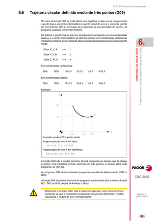 Manual de programação
CNC 8035
CONTROLEDATRAJETÓRIA
Trajetóriacirculardefinidamediantetrêspontos(G09)
6.
MODELO ·T·
(SOFT V16.1X)
53
6.6 Trajetória circular definida mediante três pontos (G09)
Por meio da função G09 se pode definir uma trajetória circular (arco), programando
o ponto final e um ponto intermediário (o ponto inicial do arco é o ponto de partida
do movimento). Isto é, em lugar de programar as coordenadas do centro, se
programa qualquer ponto intermediário.
Se definirá o ponto final do arco em coordenadas cartesianas ou em coordenadas
polares, e o ponto intermediário se definirá sempre em coordenadas cartesianas
medianteasletrasI,JouK,estandocadaumadelasassociadaaoseixosdoseguinte
modo:
Em coordenadas cartesianas:
Em coordenadas polares:
Exemplo:
A função G09 não é modal, portanto, deverá programar-se sempre que se deseje
executar uma trajetória circular definida por três pontos. A função G09 pode
programar-se com G9.
Ao programar G09 não é necessário programar o sentido de deslocamento (G02 ou
G03).
A função G09 não altera a história do programa, continuando ativa a mesma função
G01, G02 ou G03, depois de finalizar o bloco.
Eixos X, U, A ==> I
Eixos Y, V, B ==> J
Eixos Z, W, C ==> K
G18 G09 X±5.5 Z±5.5 I±5.5 K±5.5
G18 G09 R±5.5 Q±5.5 I±5.5 K±5.5
Exemplo sendo o P0 o ponto inicial.
Programação do eixo X em raios.
G09 X60 Z20 I30 K50
Programação do eixo X em diâmetros.
G09 X120 Z20 I60 K50
Utilizando a função G09, não é possível executar uma circunferência
completa, já que é necessário programar três pontos diferentes. O CNC
visualizará o código de erro correspondente.
 