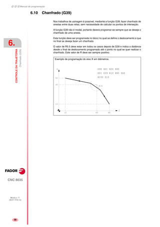 Manual de programação
CNC 8035
6.
CONTROLEDATRAJETÓRIA
Chanfrado(G39)
MODELO ·T·
(SOFT V16.1X)
58
6.10 Chanfrado (G39)
Nos trabalhos de usinagem é possível, mediante a função G39, fazer chanfrado de
arestas entre duas retas, sem necessidade de calcular os pontos de interseção.
A função G39 não é modal, portanto deverá programar-se sempre que se deseje o
chanfrado de uma aresta.
Esta função deve ser programada no bloco no qual se define o deslocamento e que
no final se deseja fazer um chanfrado.
O valor de R5.5 deve estar em todos os casos depois de G39 e indica a distância
desde o final de deslocamento programado até o ponto no qual se quer realizar o
chanfrado. Este valor de R deve ser sempre positivo.
G90 G01 X20 Z80
G01 G39 R10 X80 Z60
X100 Z10
Exemplo de programação do eixo X em diâmetros.
 