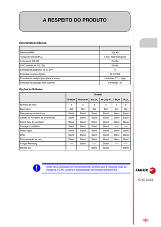 CNC 8035
I
A RESPEITO DO PRODUTO
Características básicas.
Opções de Software.
Memória RAM 256 Kb
Tempo de ciclo do PLC 3 ms / 1000 instruções
Linha serial RS-232 Padrão
DNC (através de RS 232) Padrão
Entradas de apalpador 5V ou 24V 2
Entradas e saídas digitais 40 I / 24 O
Entradas de medição para eixos e árvore 4 entradas TTL / 1Vpp
Entradas de captação para volantes 2 entradas TTL
Modelo
M-MON M-MON-R M-COL M-COL-R T-MON T-COL
Número de eixos 3 3 3 3 2 2
Disco duro Opt Opt Opt Opt Opt Opt
Rosqueamento eletrónico Stand Stand Stand Stand Stand Stand
Gestão de Armazém de ferramentas Stand Stand Stand Stand Stand Stand
Ciclos fixos de usinagem Stand Stand Stand Stand Stand Stand
Usinagem multíplice Stand Stand Stand Stand ----- -----
Rosca rígida Stand Stand Stand Stand Stand Stand
DNC Stand Stand Stand Stand Stand Stand
Compensação de raio Stand Stand Stand Stand Stand Stand
Função Retracing ----- Stand ----- Stand ----- -----
Monitor cor ----- ----- Stand Stand ----- Stand
Antes de a colocação em funcionamento, verificar que a máquina onde se
incorpora o CNC cumpre a especificação da directiva 89/392/CEE.
 