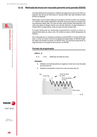 Manual de programação
CNC 8035
6.
CONTROLEDATRAJETÓRIA
Retiradadeeixosemroscadoperanteumaparada(G233)
MODELO ·T·
(SOFT V16.1X)
62
6.12 Retirada de eixos em roscado perante uma parada (G233)
A função G233 permite programar a distância de segurança à que se vão retirar os
eixos em caso de que se interrompa um roscado (G33), quer seja mediante a tecla
[STOP] ou feedhold.
Esta função, é uma função modal que se programa sozinha no bloco e se visualiza
no histórico. Esta função estabelece a saída de rosca para todos os roscados que
se programem depois dela. Em caso de haver várias funções G33 seguidas e em
cada uma delas se deseje realizar uma retirada diferente, se deve programar a
função G233 correspondente, antes de cada uma das funções G33.
A função G233 pode ser desativada programando-a sozinha no bloco ou
programando todas as cotas a zero. Em ambos os casos a G233 desaparece do
histórico.
Se na execução de um roscado se pressiona a tecla [STOP] e a função G233 está
ativa, os eixos se retiram conforme as distâncias programadas na referida função.
Se depois da retirada houvesse um DSTOP ativo, se continuaria executando os
seguintes blocos do programa até encontrar um ESTOP.
Formato de programação
G233 X....C
Exemplo:
X: Distância incremental positiva ou negativa a mover-se no eixo de saída
da rosca (eixo X).
Z: Distância incremental a mover-se no eixo da rosca (eixo Z).
X...C +/-5.5 Distâncias de saída da rosca.
Z
X
STOP
Z
X
Ponto final
Ponto de saída
da rosca.
Ponto de parada
do ciclo
Ponto inicial.
 