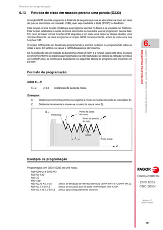 Manual de programação
CNC 8055
CNC 8055i
CONTROLE
DA
TRAJETÓRIA
6.
MODELO ·T·
SOFT: V02.2X
·101·
Retirada
de
eixos
em
roscado
perante
uma
parada
(G233)
6.13 Retirada de eixos em roscado perante uma parada (G233)
A função G233 permite programar a distância de segurança à que se vão retirar os eixos em caso
de que se interrompa um roscado (G33), quer seja mediante a tecla [STOP] ou feedhold.
Esta função, é uma função modal que se programa sozinha no bloco e se visualiza no histórico.
Esta função estabelece a saída de rosca para todos os roscados que se programem depois dela.
Em caso de haver várias funções G33 seguidas e em cada uma delas se deseje realizar uma
retirada diferente, se deve programar a função G233 correspondente, antes de cada uma das
funções G33.
A função G233 pode ser desativada programando-a sozinha no bloco ou programando todas as
cotas a zero. Em ambos os casos a G233 desaparece do histórico.
Se na execução de um roscado se pressiona a tecla [STOP] e a função G233 está ativa, os eixos
se retiram conforme as distâncias programadas na referida função. Se depois da retirada houvesse
um DSTOP ativo, se continuaria executando os seguintes blocos do programa até encontrar um
ESTOP.
Formato de programação
G233 X....C
Exemplo:
X: Distância incremental positiva ou negativa a mover-se no eixo de saída da rosca (eixo X).
Z: Distância incremental a mover-se no eixo da rosca (eixo Z).
Exemplo de programação
Programação com G33 e G233 de uma rosca.
N10 G90 G18 S500 M3
N20 G0 X20
N30 Z0
N40 X10
N50 G233 X5 Z-20 ;Bloco de ativação de retirada de rosca (5mm em X e -20mm em Z).
N60 G33 Z-30 L5 ;Bloco de roscado que se pode interromper com STOP.
N70 G33 X15 Z-50 L5 ;Bloco saída rosqueamento anterior.
X...C +/-5.5 Distâncias de saída da rosca.
Z
X
STOP
Z
X
Ponto final
Ponto de saída
da rosca.
Ponto de parada
do ciclo
Ponto inicial.
 