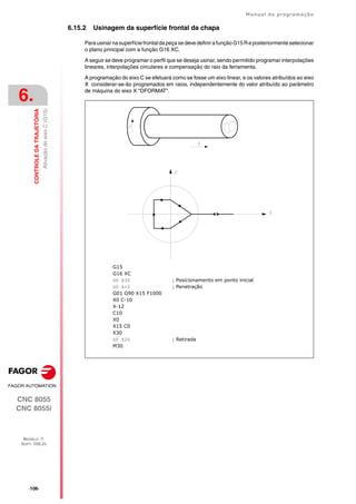 ·106·
Manual de programação
CNC 8055
CNC 8055i
6.
CONTROLE
DA
TRAJETÓRIA
MODELO ·T·
SOFT: V02.2X
Ativação
do
eixo
C
(G15)
6.15.2 Usinagem da superfície frontal da chapa
Parausinar na superfície frontal da peça se deve definira função G15 Re posteriormente selecionar
o plano principal com a função G16 XC.
A seguir se deve programar o perfil que se deseja usinar, sendo permitido programar interpolações
lineares, interpolações circulares e compensação do raio da ferramenta.
A programação do eixo C se efetuará como se fosse um eixo linear, e os valores atribuídos ao eixo
X considerar-se-ão programados em raios, independentemente do valor atribuído ao parâmetro
de máquina do eixo X "DFORMAT".
G15
G16 XC
G0 X30 ; Posicionamento em ponto inicial
G0 Z-2 ; Penetração
G01 G90 X15 F1000
X0 C-10
X-12
C10
X0
X15 C0
X30
G0 Z20 ; Retirada
M30
 