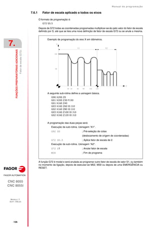·126·
Manual de programação
CNC 8055
CNC 8055i
7.
FUNÇÕES
PREPARATÓRIAS
ADICIONAIS
MODELO ·T·
SOFT: V02.2X
Fator
de
escala
(G72).
7.6.1 Fator de escala aplicado a todos os eixos
O formato de programação é:
G72 S5.5
Depois de G72 todas as coordenadas programadas multiplicar-se-ão pelo valor do fator de escala
definido por S, até que se leia uma nova definição de fator de escala G72 ou se anule a mesma.
A função G72 é modal e será anulada ao programar outro fator de escala de valor S1, ou também
no momento da ligação, depois de executar-se M02, M30 ou depois de uma EMERGÊNCIA ou
RESET.
A seguinte sub-rotina define a usinagem básica.
G90 X200 Z0
G01 X200 Z30 F150
G01 X160 Z40
G03 X160 Z60 I0 J10
G02 X160 Z80 I0 J10
G03 X160 Z100 I0 J10
G02 X160 Z120 I0 J10
A programação das duas peças será:
Execução da sub-rotina. Usinagem "A1".
G92 Z0 ; Pré-seleção de cotas
(deslocamento de origem de coordenadas)
G72 S0.5 ; Aplica fator de escala de 2.
Execução da sub-rotina. Usinagem "A2".
G72 S1 ; Anular fator de escala
M30 ; Fim de programa
Exemplo de programação do eixo X em diâmetros.
 